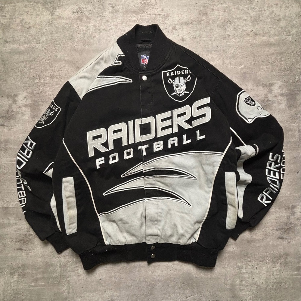 NFL Team Apparel Raiders Varsity Jacket Small Black Grey Embroidered Bomber